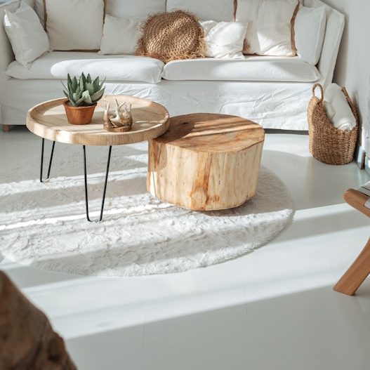 Sala luminosa con sofá blanco, mesa de madera y plantas decorativas. Suelo claro.