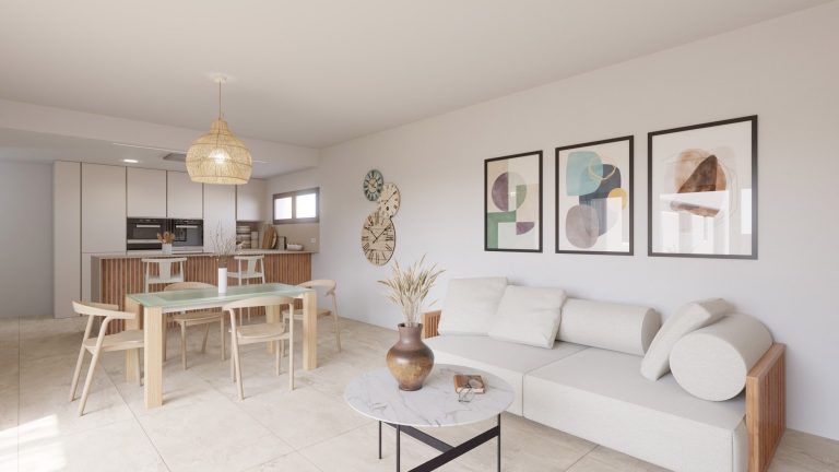 Sala de estar moderna con sofá, mesa de centro y estilo minimalista. Posters decorativos en la pared.