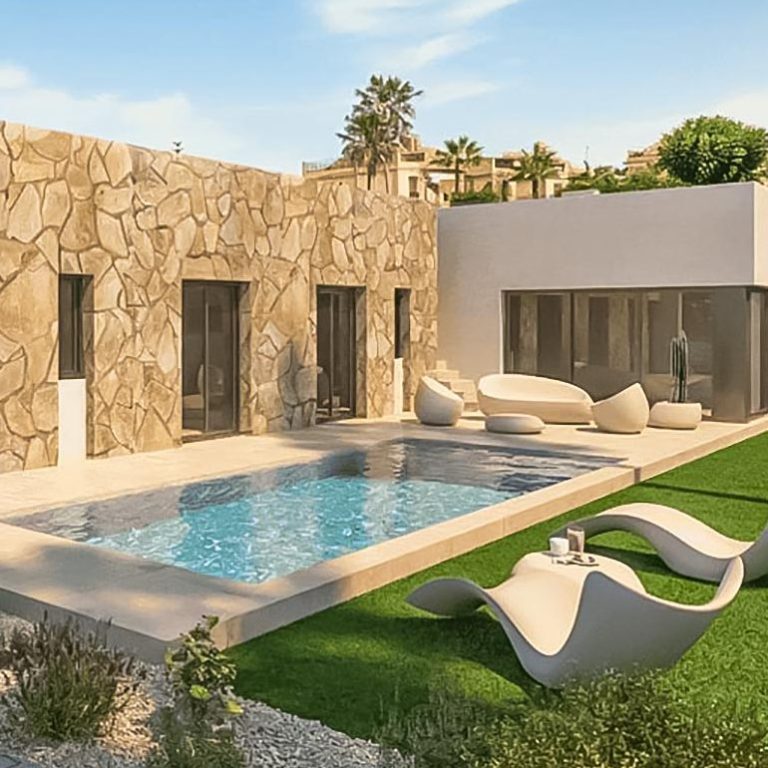 Casa moderna con piscina, jardín y mobiliario contemporáneo en el exterior.